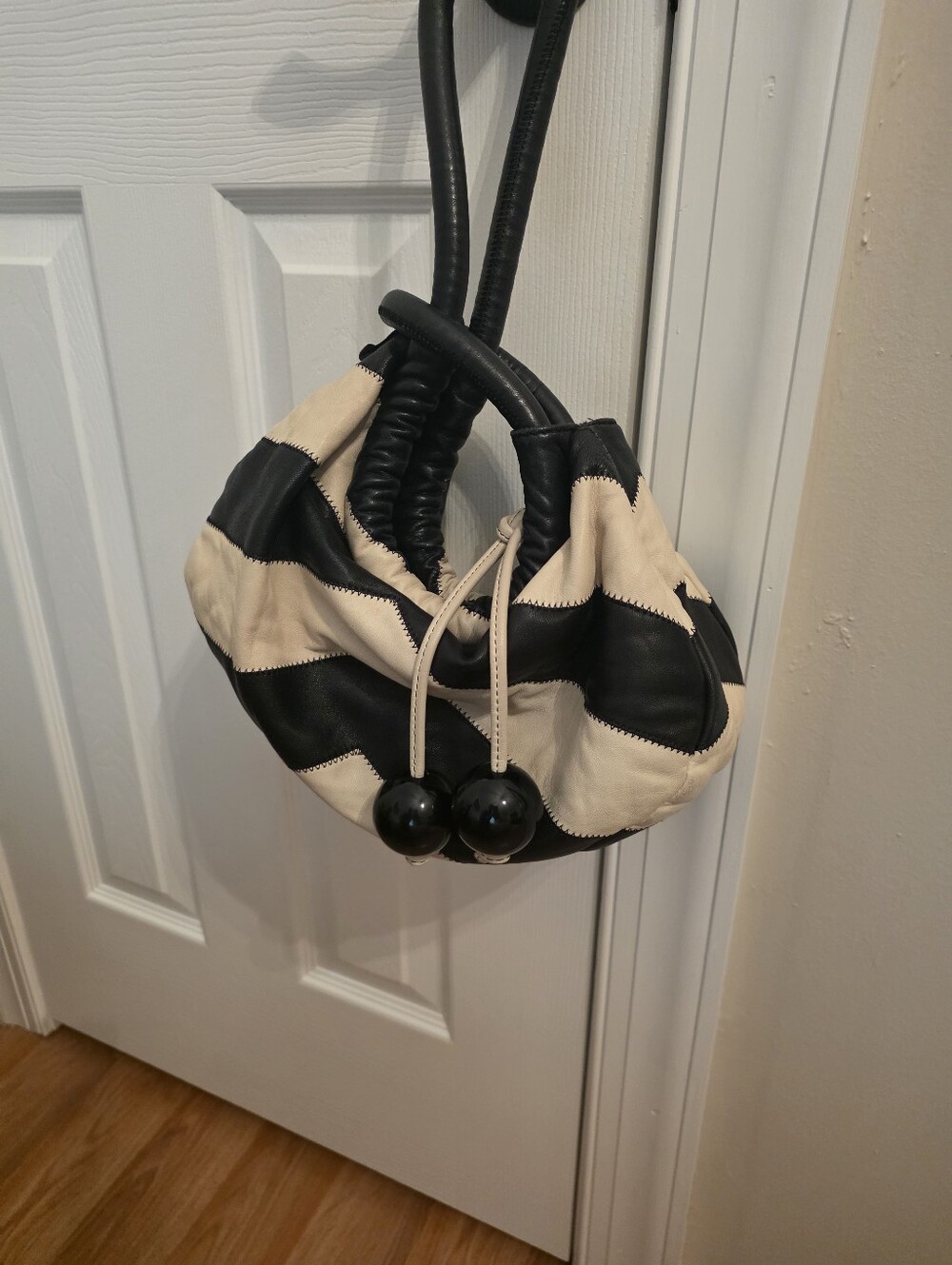 Sonia Rykiel Black and Cream Gathered Shoulder Bag with Bead Drawcord